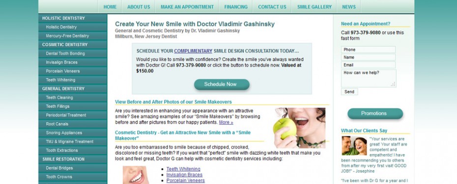 portfolio screenshot of Dr. G dentist website in NJ by 360 Degrees