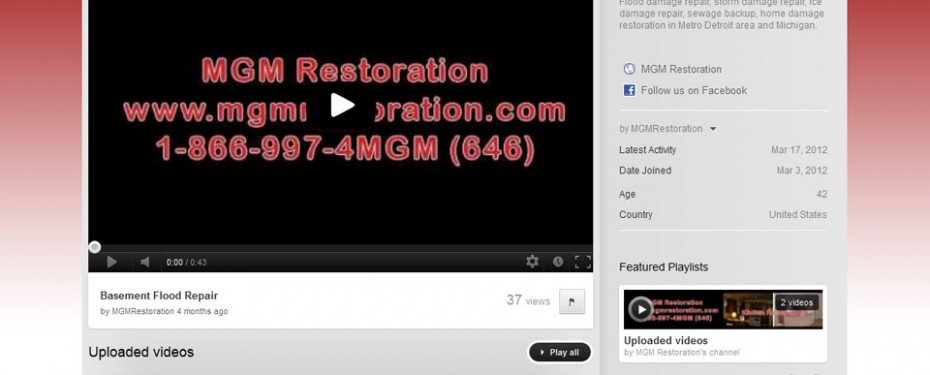 portfolio screenshot of youtube page for mgm restoration in troy, mi