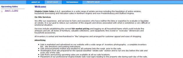 website design portfolio screenshot of virginia estate sales