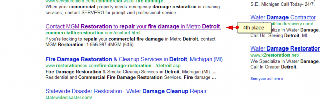 commercial fire damage restoration detroit SERP results by SEO compan