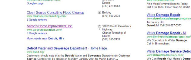 sewage damage repair detroit SERP results by SEO compan