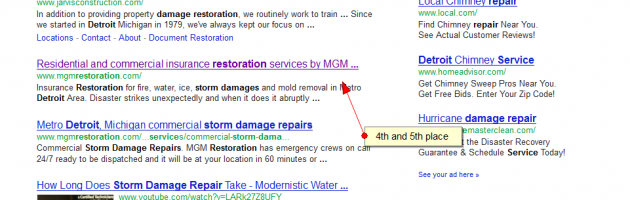 storm damage repair detroit SERP results by SEO company 360 Degrees.