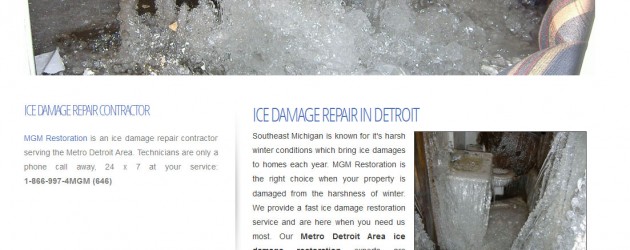 screenshot of ice damage repair website in troy, mi