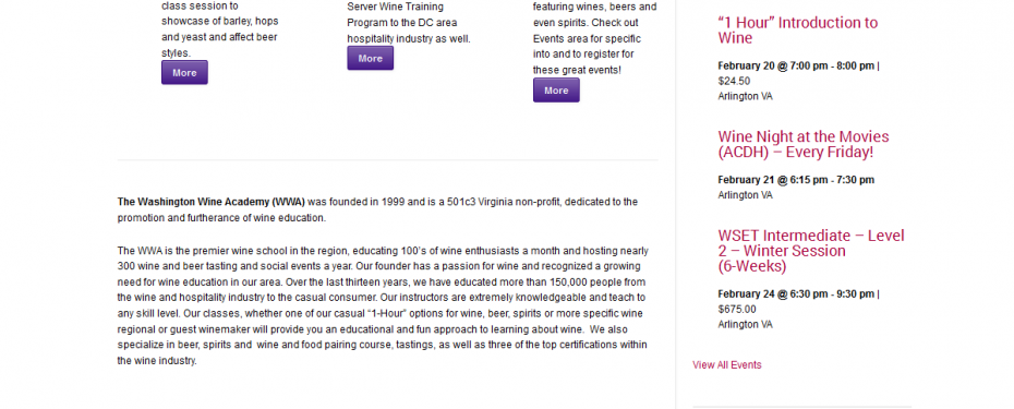 Screenshot of website redesign for Washington Wine Academy